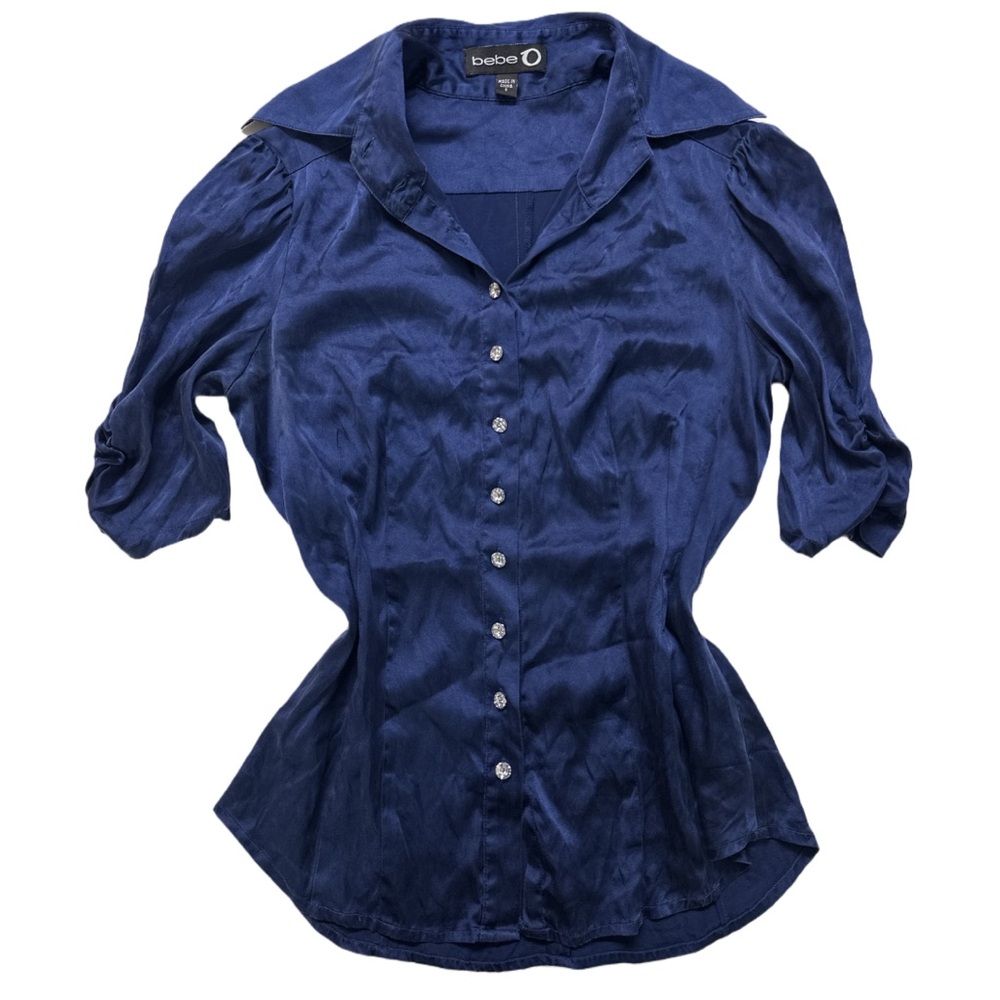 Y2K BEBE luxury collection women's flowy navy silk button up blouse, S.